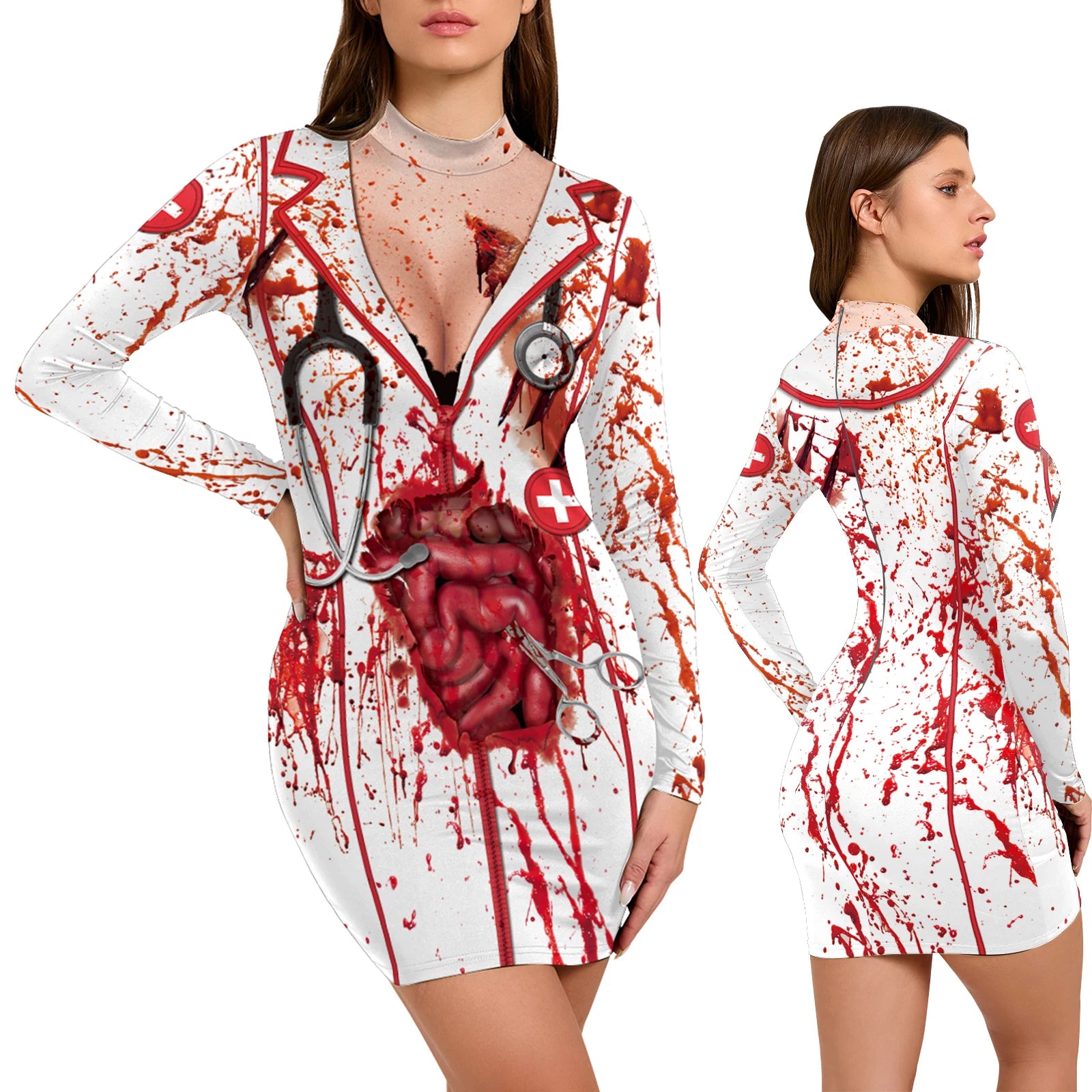 Nurse Halloween Costume For Women 3D Printed Skeleton Uniform Carnival Sexy Cosplay Outfit Fancy Dresses Party Long Sleeves