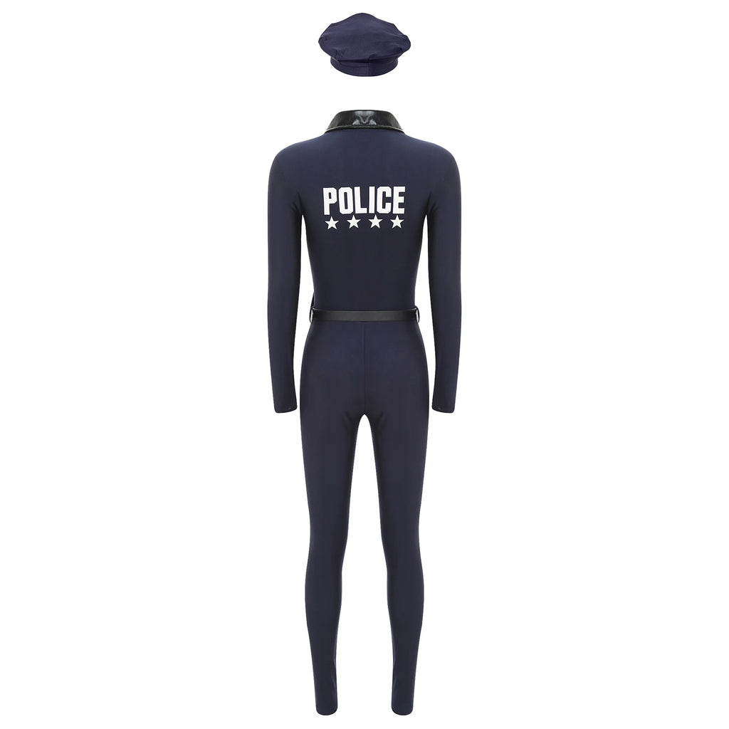Women Halloween Theme Party Dirty Cop Policewoman Cosplay Costume Long Sleeve Zipper Jumpsuit with Belt Purse Hat Police Uniform