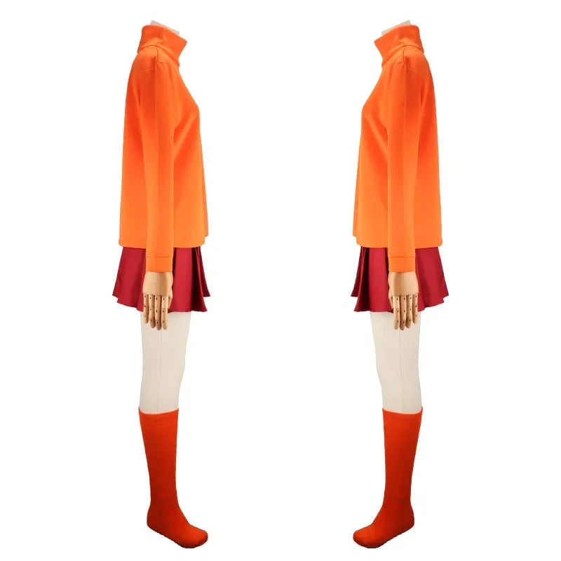 Halloween  Velma Seragam Cosplay Kostum Orange Short Skirt Uniform Wanita Oranye Kaus Kaki Rok Atas Halloween Party Carnival Set