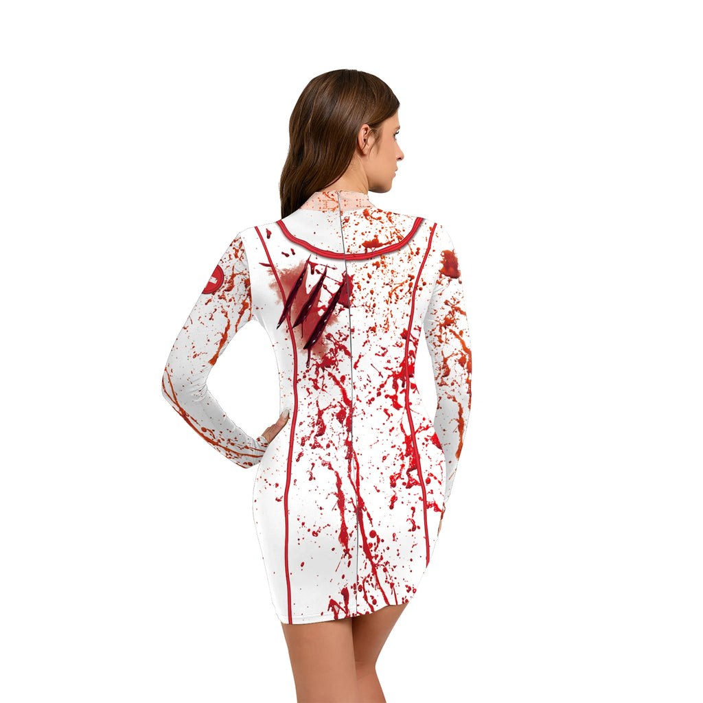 Nurse Halloween Costume For Women 3D Printed Skeleton Uniform Carnival Sexy Cosplay Outfit Fancy Dresses Party Long Sleeves