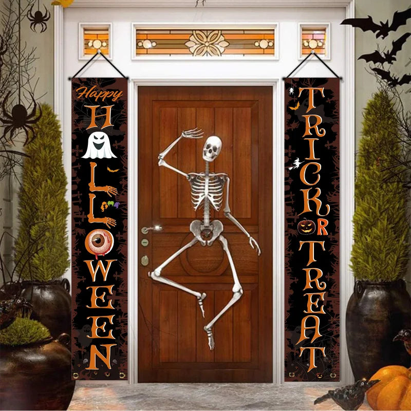 Halloween Haunted House Door Decorations, Spooky Spider Web & Ghostly Atmosphere Flags, Perfect for Halloween Party Decoration