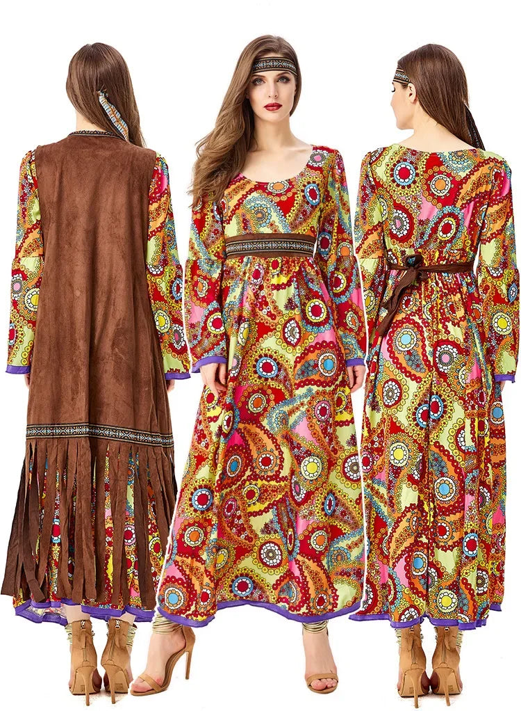 Halloween Costume 70s Outfits Adult Women Hippie Clothes Disco Dancing Dress Bohemian Rhapsody Free Unrestrained Romantic Pretty