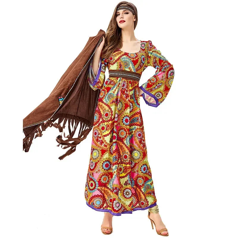 Halloween Costume 70s Outfits Adult Women Hippie Clothes Disco Dancing Dress Bohemian Rhapsody Free Unrestrained Romantic Pretty