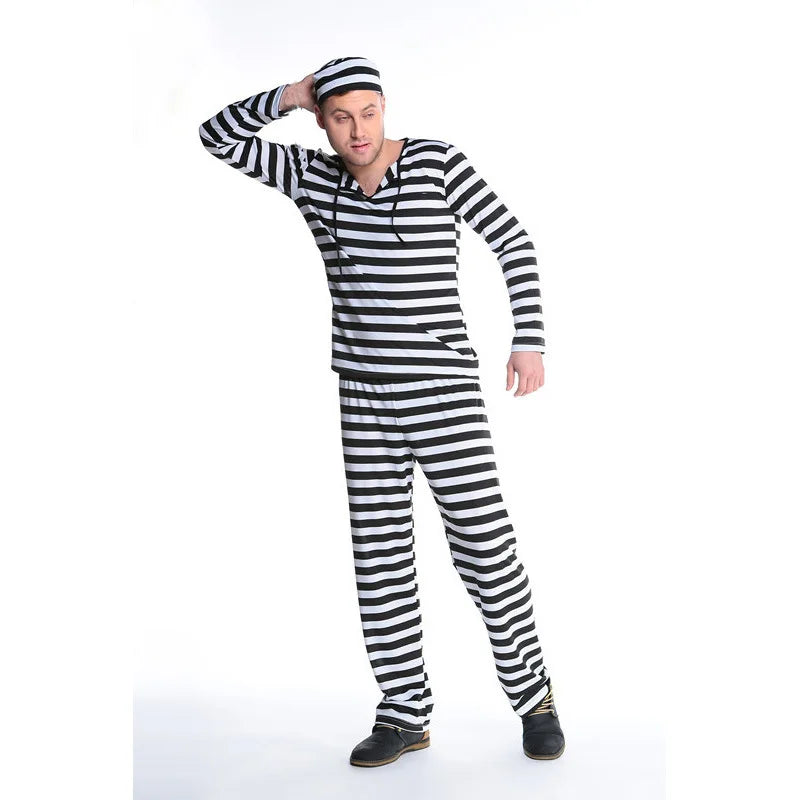 CP Cospaly Convict Prisoner Costume Striped Halloween Cos Couple's Convict Costume Classic Striped Halloween Costumes for Women