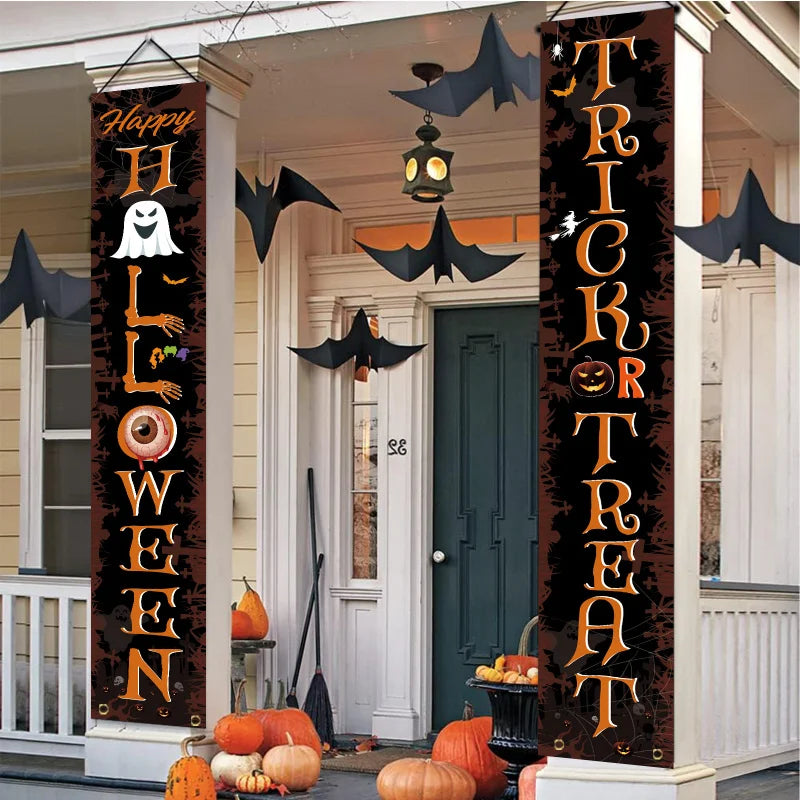 Halloween Haunted House Door Decorations, Spooky Spider Web & Ghostly Atmosphere Flags, Perfect for Halloween Party Decoration